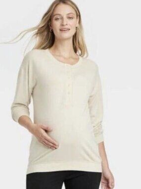 Women's Isabel Long Sleeve Henley Maternity And Beyond Shirt, NWT Beige, Size M